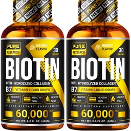 PURE RESEARCH Biotin & Collagen 60,000mcg Hair Growth Liquid Drops, Supports: Strong Nails, Glowing Skin, Healthy Hair Growth, More Absorption Than Capsules & Pills (4Fl Oz)