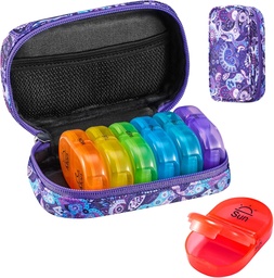 Serfeymi Weekly Travel Pill Organizer 2 Times A Day AM PM Upgraded Rainbow Pill Box 7 Day with Portable Zipper Canvas Pill Case, Medicine Organizer for Pills, Vitamins, Fish Oils - Purple 01