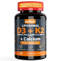 Vitamin D3 20,000 IU + K2 Vitamin (MK4 & MK7) 200mcg + Calcium Citrate, Optimal Vitamin D3 K2 Softgel - Strong Bone & Muscle, Calcium Absorption, Helping Vitamin D Deficiencies, Easy to Swallow, 1Pack