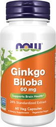 NOW Foods Supplements, Ginkgo Biloba 60 mg, 24% Standardized Extract, Non-GMO Project Verified, 60 Veg Capsules