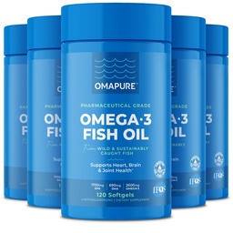 OMAPURE Fish Oil Supplements with Omega 3 Fatty Acids (5 Bottle, 120 Softgels) - High EPA, DHA, & IFOS Fish Oil Pills Support Heart & Joint Health - Burpless - Promotes Brain Function