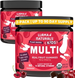 Llama Naturals Kids Multivitamin Gummies, Vegan, Organic with Vitamin D, C & K, Toddler Real Fruit Gummy Vitamins, Chewable Supplement, Whole Food Multivitamin, No Added Sugar Cane, Cherry, 2 Pk