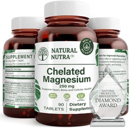 Natural Nutra Chelated Magnesium Oxide 250 mg - High Absorption for Strong Bones, Heart Health, Energy Boost, Gluten-Free, Non-GMO, 90 Tablets (3 Pack) in BPA-Free Recyclable Glass Bottles