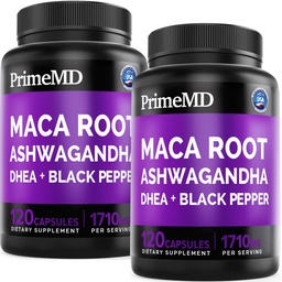 6-in-1 Organic Maca Root Ashwagandha Capsules 1710mg with DHEA and Black Pepper Fruit Extract for Women and Men - Black Maca Supplement for Stamina, Bone and Mood Support Supplement, 120ct (Pack of 2)